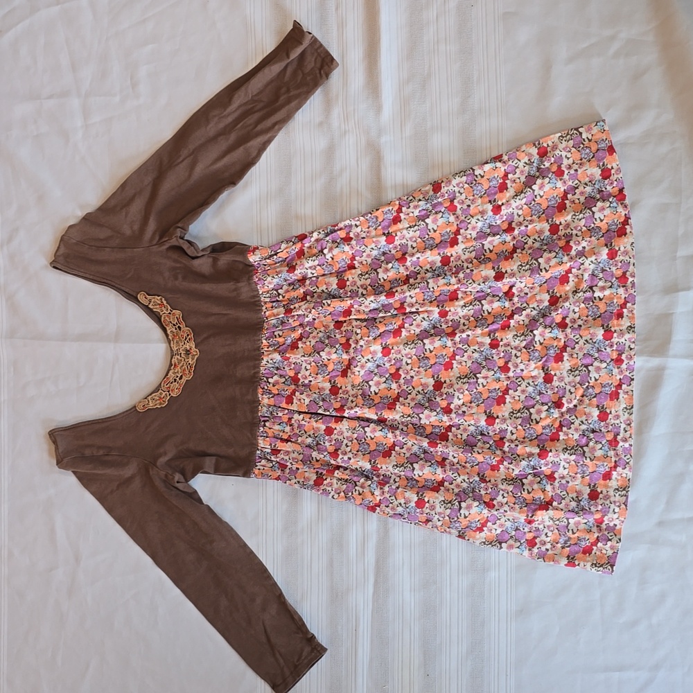 (Women's M) VTG Free People Brown & Floral Flannel Dress